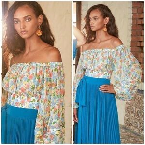 Amur Alora Silk Floral Off the Shoulder Floral Cropped Top Long Sleeve Casual